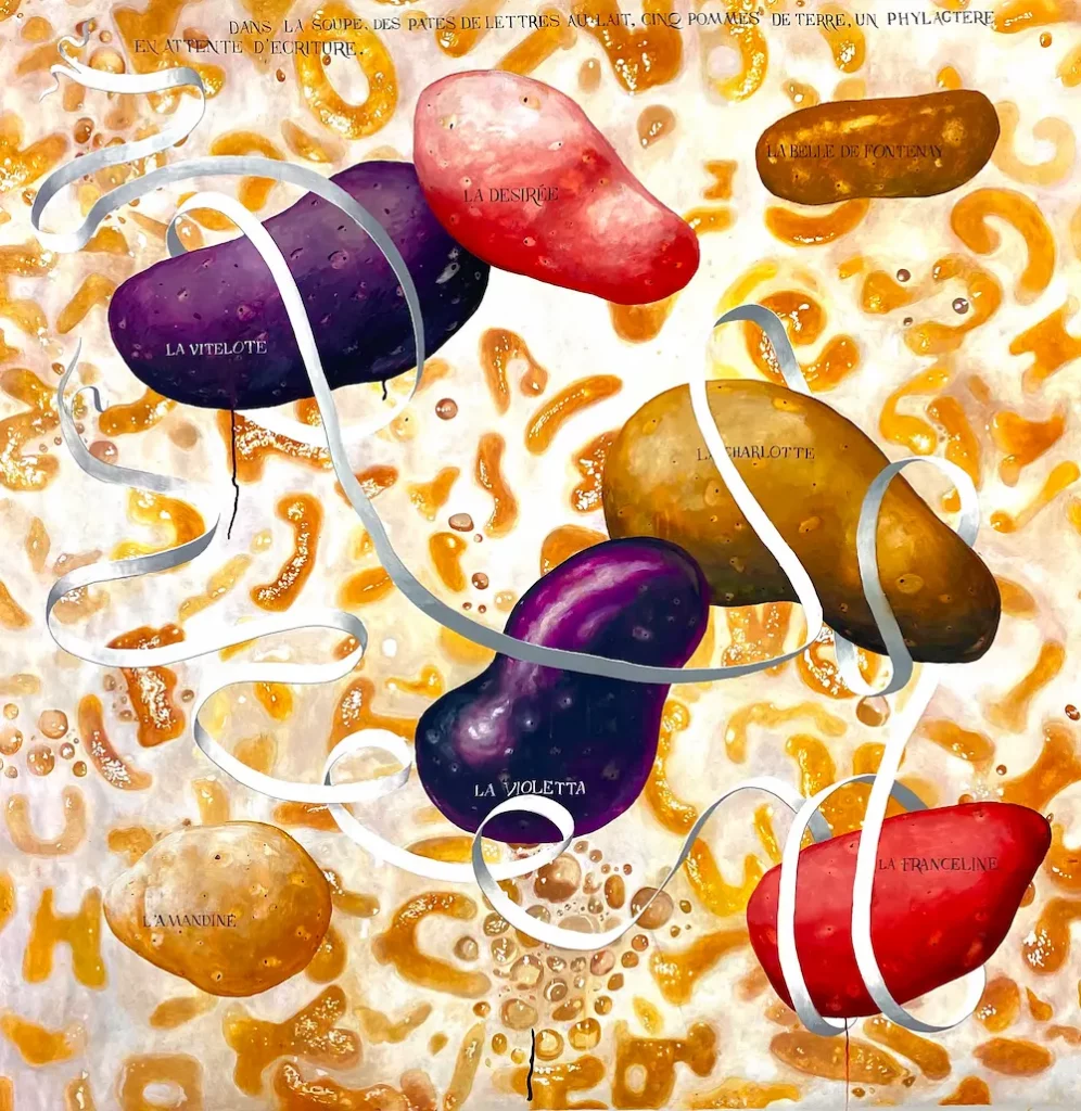 "Dans la soupe : Pâtes de lettre, Pommes de Terre...", 2020. Gouache et Posca® sur papier. 210 x 210 cm