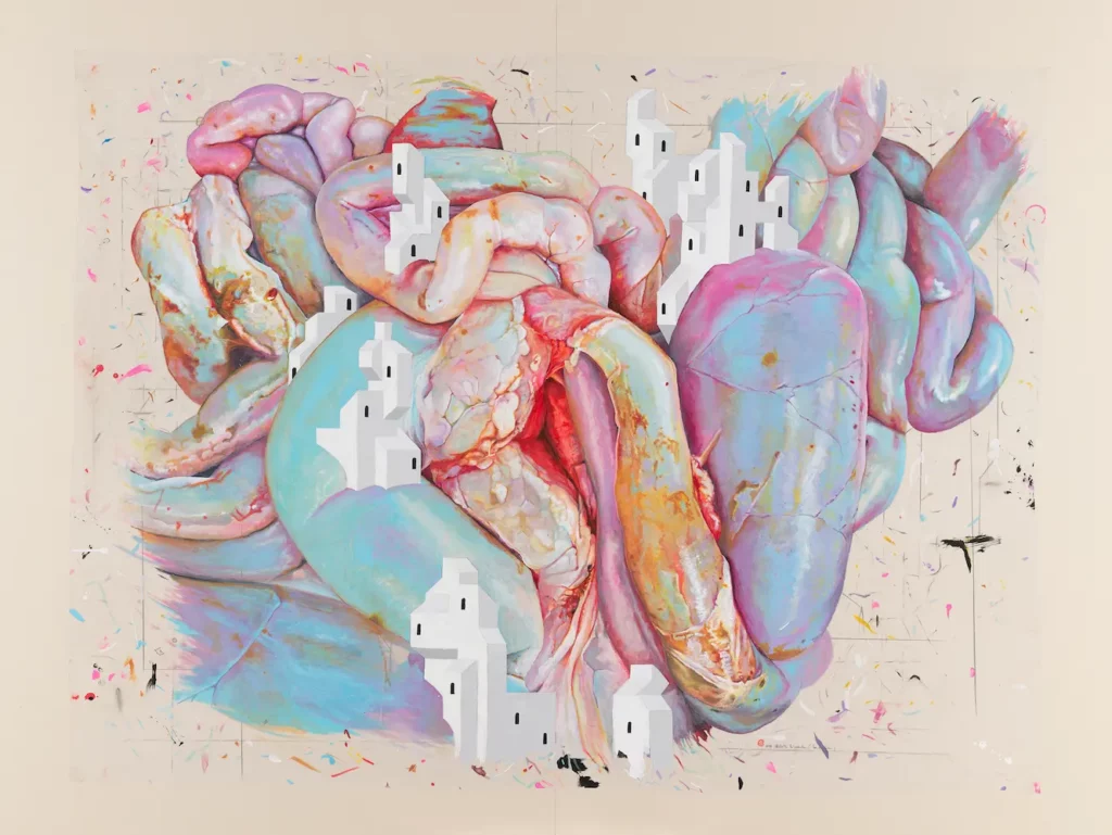 "Habiter la Viande (les Viscères)", 2026. Encres acryliques, graphite et Posca sur polyester. 120 x 160 cm.